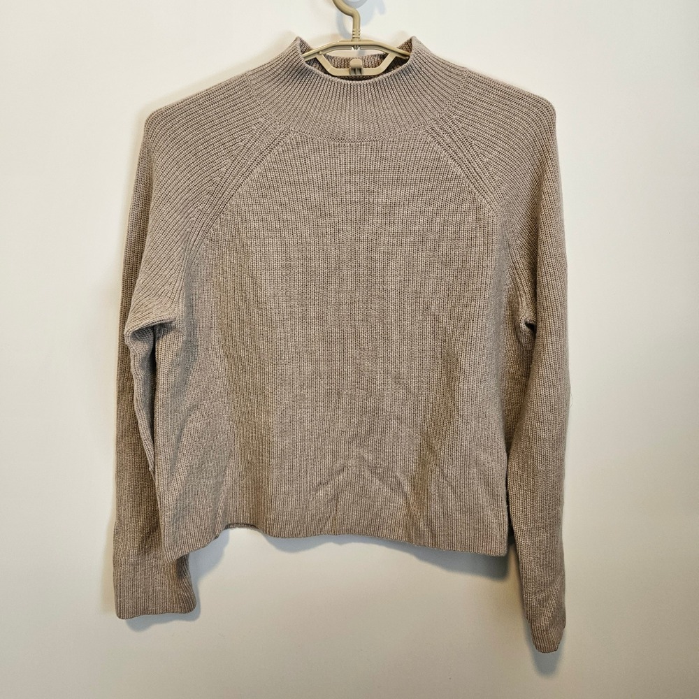 Mock Neck Ribbed Sweater XL Beige Merino Wool Fisherman Neutral Basic Minimalist